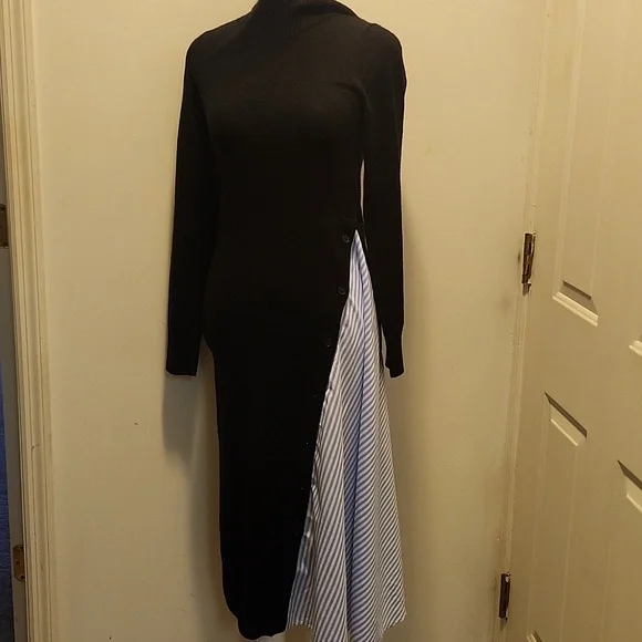 Naadam Asymmetrical Wool Cashmere Hybrid  Turtleneck Midi Sweater Dress - Picture 3 of 10